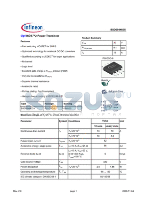 BSO094N03S datasheet - OptiMOS2 Power-Transistor