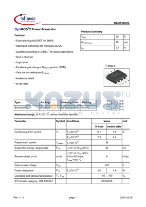 BSO150N03 datasheet - OptiMOS2 Power-Transistor