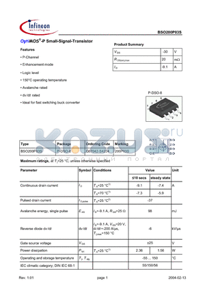 BSO200P03S datasheet - OptiMOS-P Small-Signal-Transistor