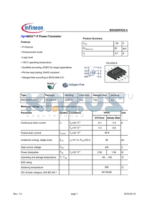 BSO200P03SH datasheet - OptiMOSTM-P Power-Transistor