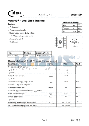BSO201SP datasheet - OptiMOS -P Small-Signal-Transistor