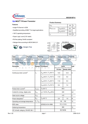 BSO201SPH datasheet - OptiMOS P-Power-Transistor