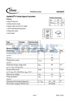 BSO204P datasheet - OptiMOS -P Small-Signal-Transistor