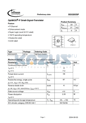 BSO203SP datasheet - OptiMOS -P Small-Signal-Transistor