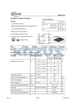 BSO211PH datasheet - OptiMOS P-Power-Transistor