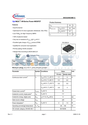 BSO220N03MDG datasheet - OptiMOS3 M-Series Power-MOSFET