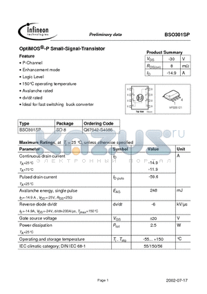 BSO301 datasheet - OptiMOS -P Small-Signal-Transistor