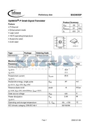 BSO303 datasheet - OptiMOS -P Small-Signal-Transistor