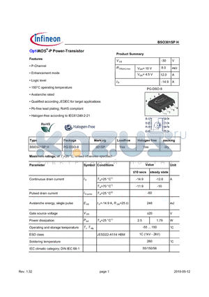 BSO301SPH datasheet - OptiMOS-P Power-Transistor