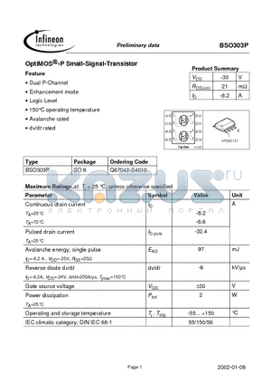 BSO303P datasheet - OptiMOS -P Small-Signal-Transistor