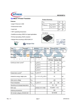 BSO303SPH datasheet - OptiMOS-P Power-Transistor
