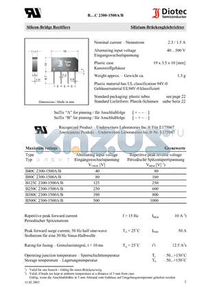 B80C2300-1500B datasheet - Silicon-Bridge Rectifiers