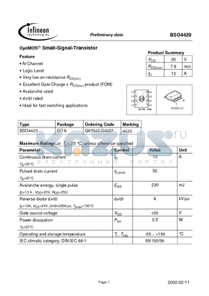 BSO4420 datasheet - OptiMOS Small-Signal-Transistor
