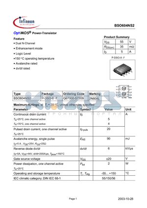 BSO604NS2 datasheet - OptiMOS Power-Transistor