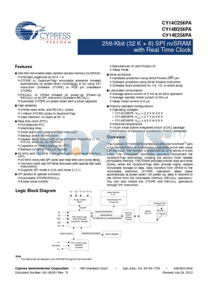 CY14B256PA-SFXI datasheet - 256-Kbit (32 K  8) SPI nvSRAM with Real Time Clock