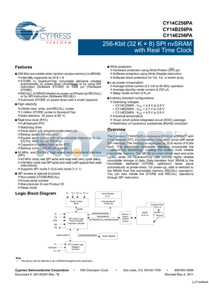 CY14B256PA-SFXIT datasheet - 256-Kbit (32 K x 8) SPI nvSRAM with Real Time Clock Infinite read, write, and RECALL cycles