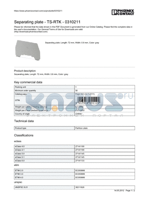 0310211 datasheet - Separating plate - TS-RTK - 0310211