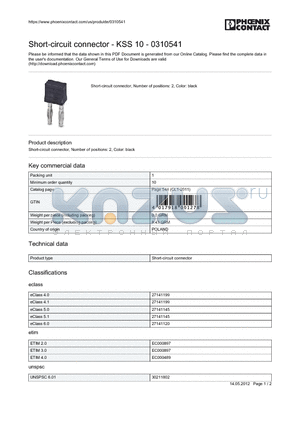 0310541 datasheet - Short-circuit connector - KSS 10 - 0310541