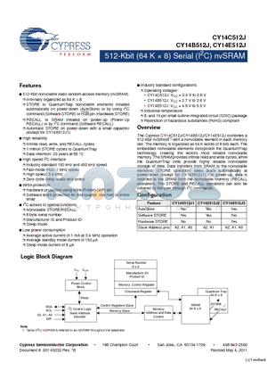 CY14B512J datasheet - 512-Kbit (64 K x 8) Serial (I2C) nvSRAM Infinite read, write, and RECALL cycles