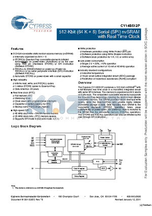 CY14B512P datasheet - 512-Kbit (64 K  8) Serial (SPI) nvSRAM with Real Time Clock