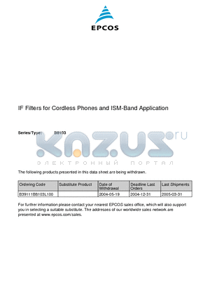 B8103 datasheet - IF Filters for Cordless Phones and ISM-Band Application