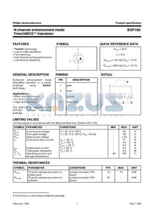 BSP100 datasheet - N-channel enhancement mode TrenchMOS transistor