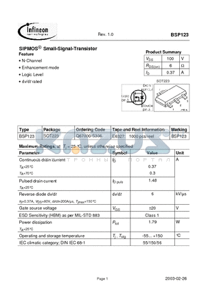 BSP123 datasheet - SIPMOS Small-Signal-Transistor