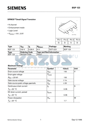 BSP123 datasheet - SIPMOS Small-Signal Transistor (N channel Enhancement mode Logic Level)