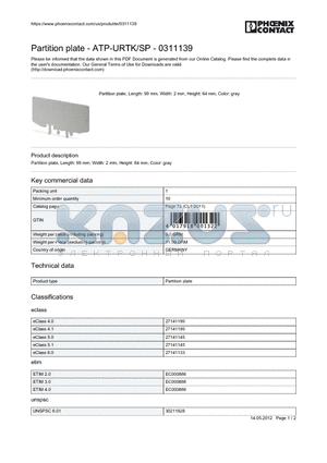 0311139 datasheet - Partition plate - ATP-URTK/SP - 0311139