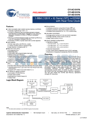 CY14C101PA-SF104XI datasheet - 1-Mbit (128 K  8) Serial (SPI) nvSRAM with Real Time Clock