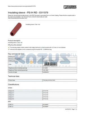 0311579 datasheet - Insulating sleeve - PS-IH RD - 0311579