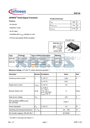 BSP149_05 datasheet - SIPMOS Small-Signal-Transistor