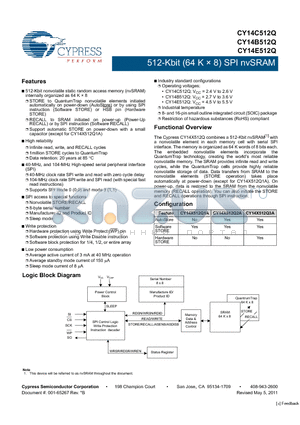 CY14C512Q datasheet - 512-Kbit (64 K x 8) SPI nvSRAM Infinite read, write, and RECALL cycles