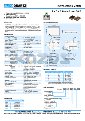 3G576A-80M-27.000 datasheet - 7 x 5 x 1.8mm 6 pad SMD