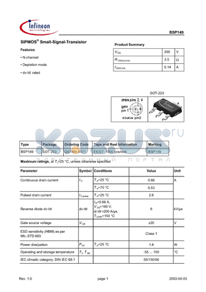 BSP149 datasheet - SIPMOS Small-Signal-Transistor