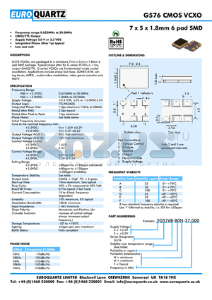 3G576A-80N-27.000 datasheet - 7 x 5 x 1.8mm 6 pad SMD