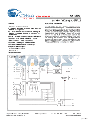 CY14E064L-SZ25XCT datasheet - 64-Kbit (8K x 8) nvSRAM