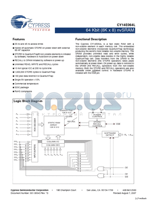 CY14E064L-SZ25XCT datasheet - 64 Kbit (8K x 8) nvSRAM