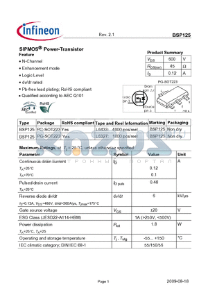 BSP125 datasheet - SIPMOS Power-Transistor
