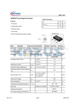BSP170P datasheet - SIPMOS Small-Signal-Transistor
