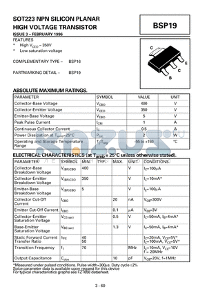 BSP19 datasheet - NPN SILICON PLANAR HIGH VOLTAGE TRANSISTOR