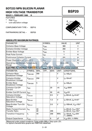 BSP20 datasheet - SOT223 NPN SILICON PLANAR HIGH VOLTAGE TRANSISTOR