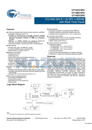 CY14C512PA datasheet - 512-Kbit (64 K x 8) SPI nvSRAM with Real Time Clock Full-featured RTC