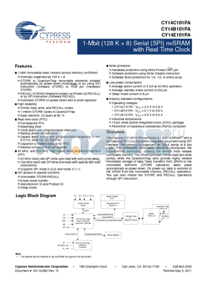 CY14E101PA datasheet - 1-Mbit (128 K x 8) Serial (SPI) nvSRAM with Real Time Clock