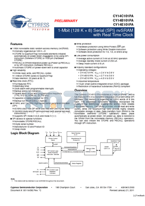 CY14E101PA-SFXIT datasheet - 1-Mbit (128 K  8) Serial (SPI) nvSRAM with Real Time Clock
