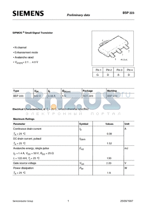 BSP223 datasheet - SIPMOS Small-Signal Transistor