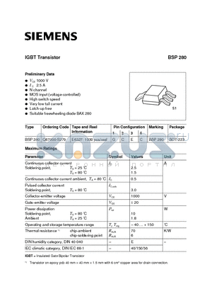 BSP280 datasheet - IGBT Transistor (N channel MOS input voltage-controlled High switch speed Very low tail current)