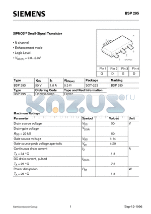 BSP295 datasheet - SIPMOS Small-Signal Transistor (N channel Enhancement mode Logic Level)