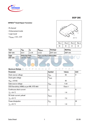 BSP295 datasheet - SIPMOS Small-Signal Transistor