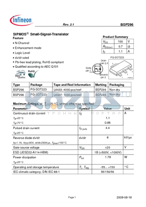 BSP296 datasheet - SIPMOS Small-Signal-Transistor